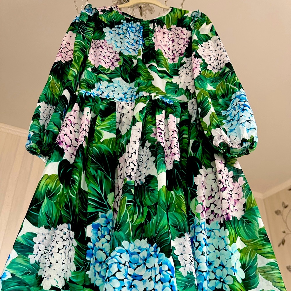Floral Green Midi Dress with Blue & Pink Hydrangeas
